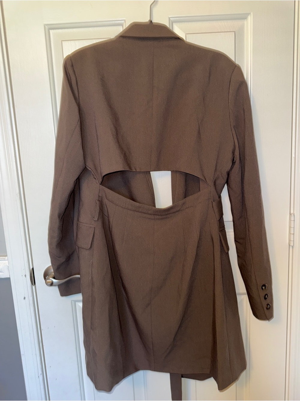 Astr Taupe Wrap Trench with Back Cutout and Tie Waist - Picture 3 of 8